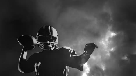 animation of american football player over stormy sky with dark clouds
