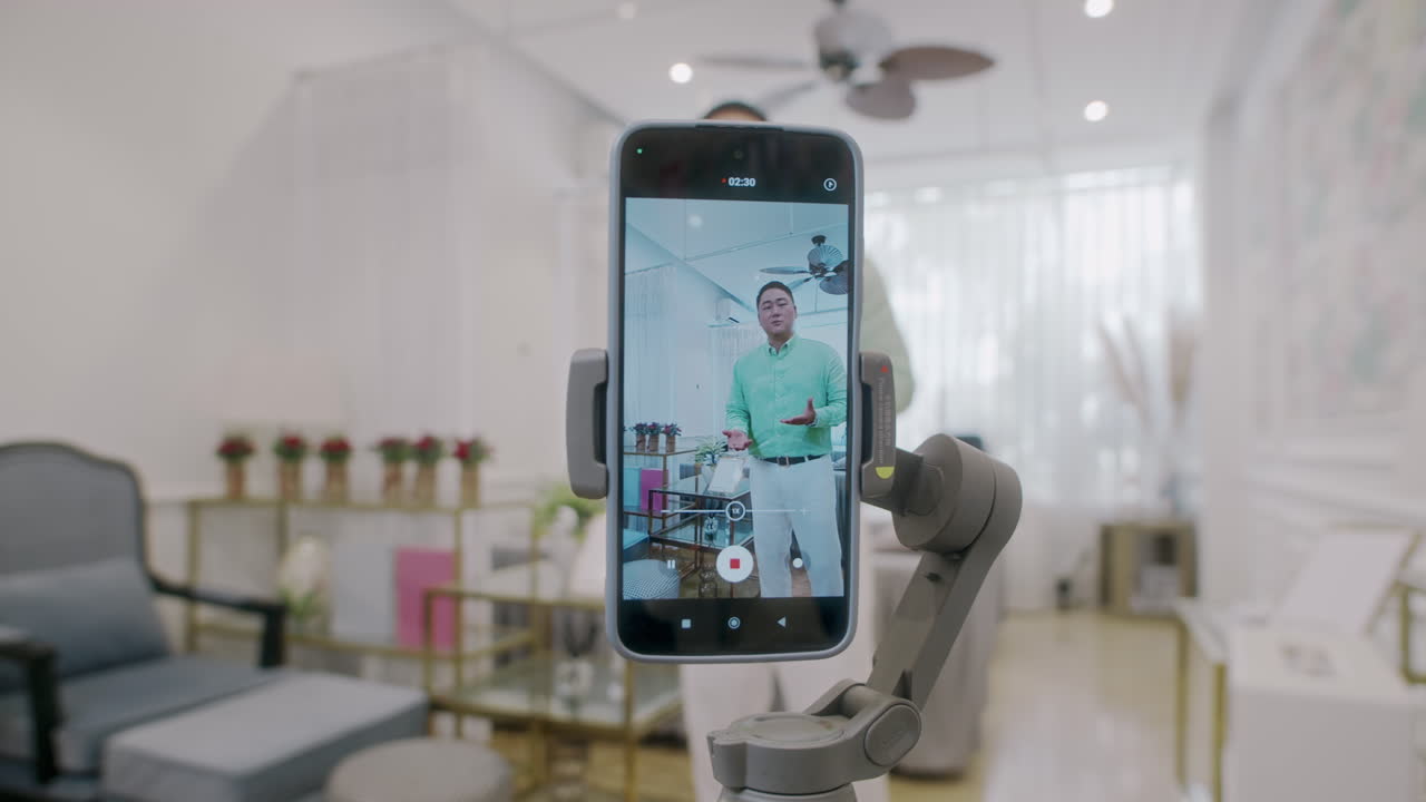 Smartphone in Tripod Filming Spa Salon Manager