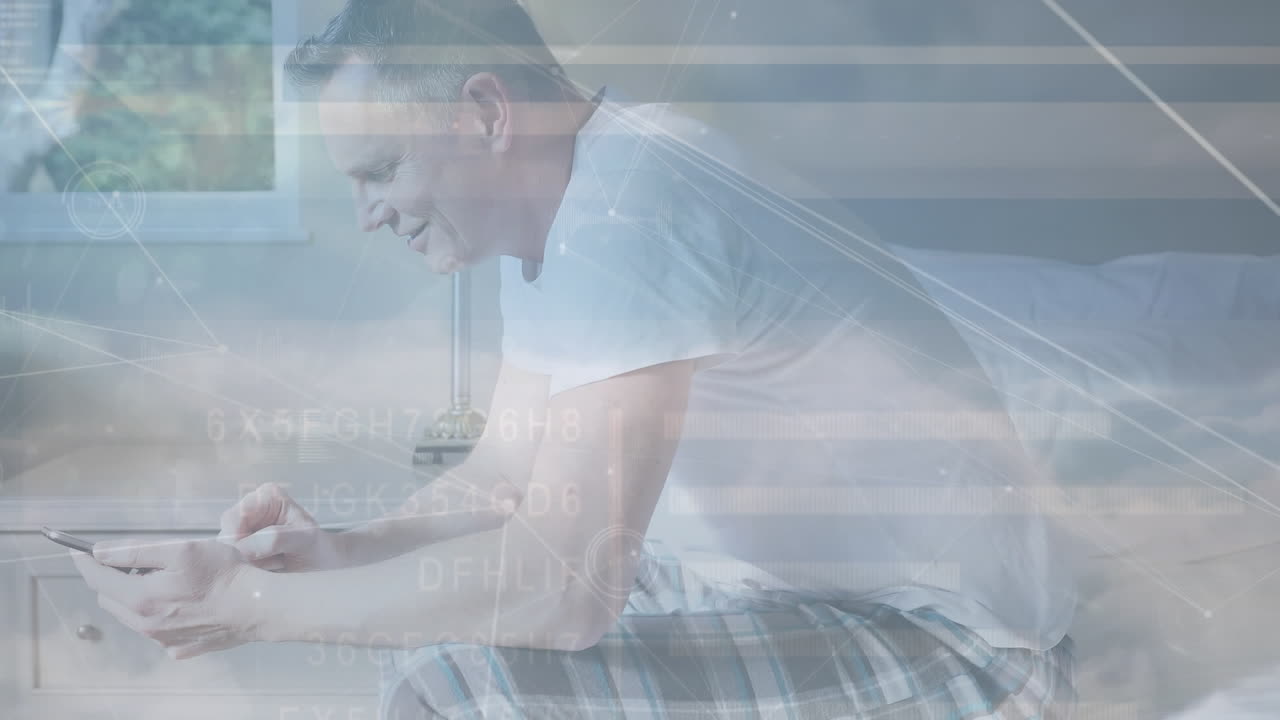 스마트 폰을 사용하는 백인 남성에 대한 금융 데이터 처리 애니메이션