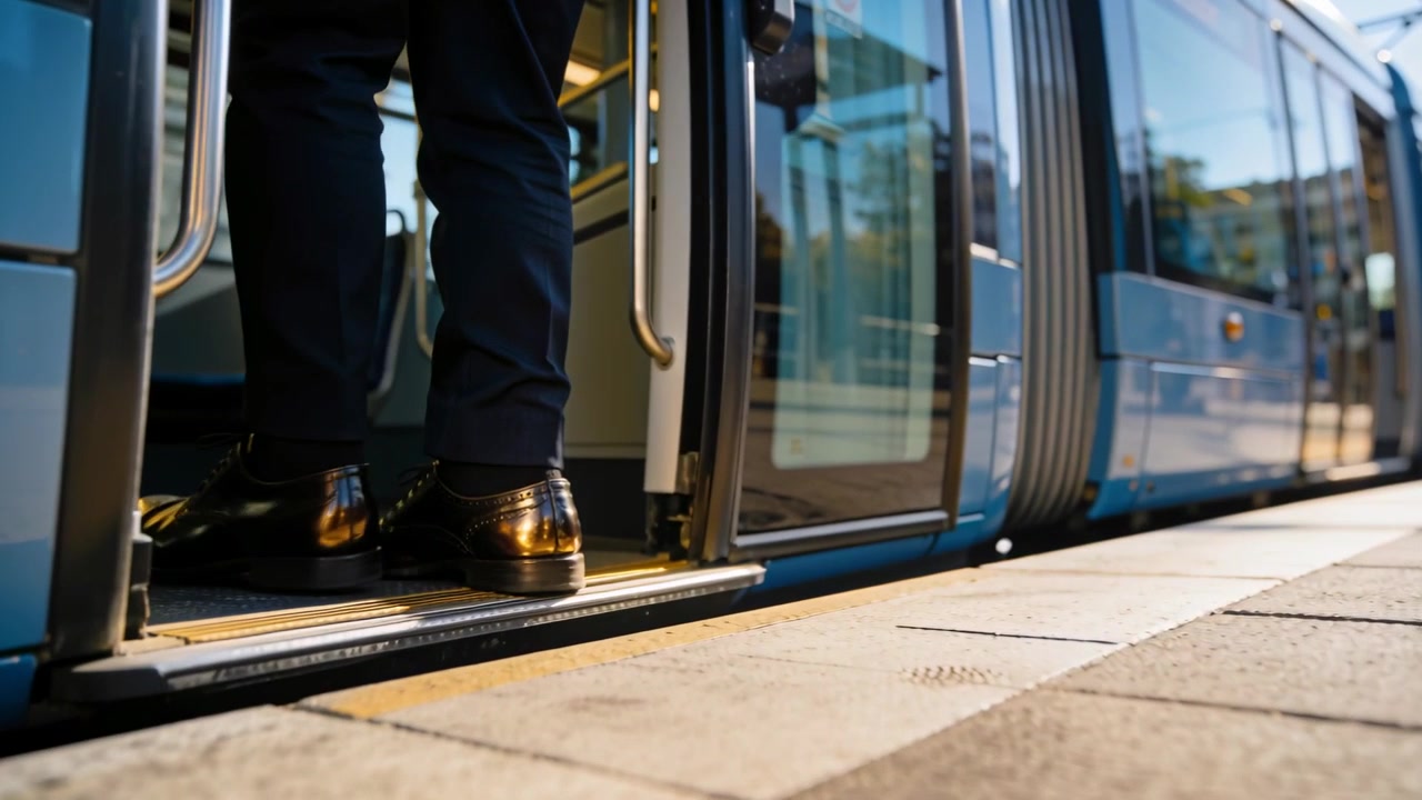 Porte scorrevoli che si aprono, pendolare con pantaloni e scarpe scure che sale sul gradino metallico del tram per andare al lavoro.