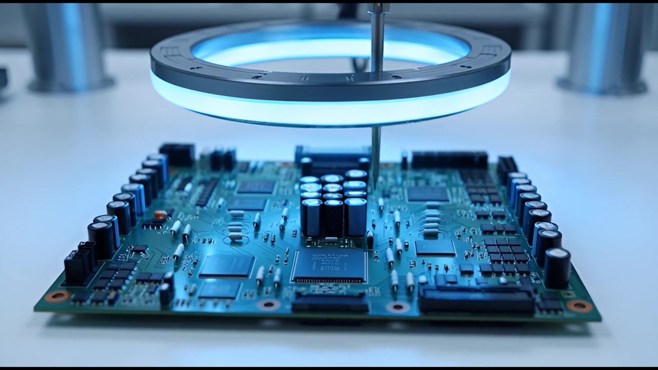Robotic Arm Inspecting Electronic Circuit Board with Blue Light