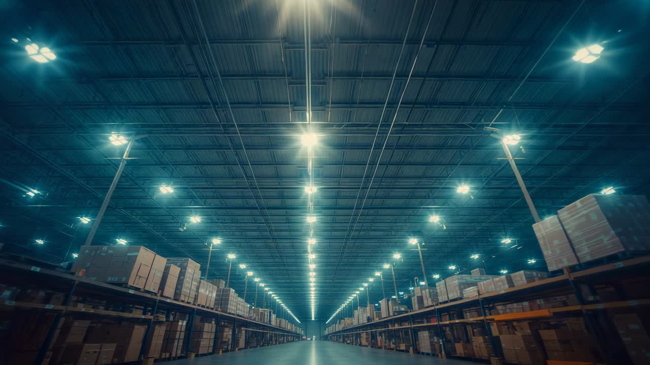 Tracking camera through warehouse aisle, passing racks, boxes, overhead lights and support beams