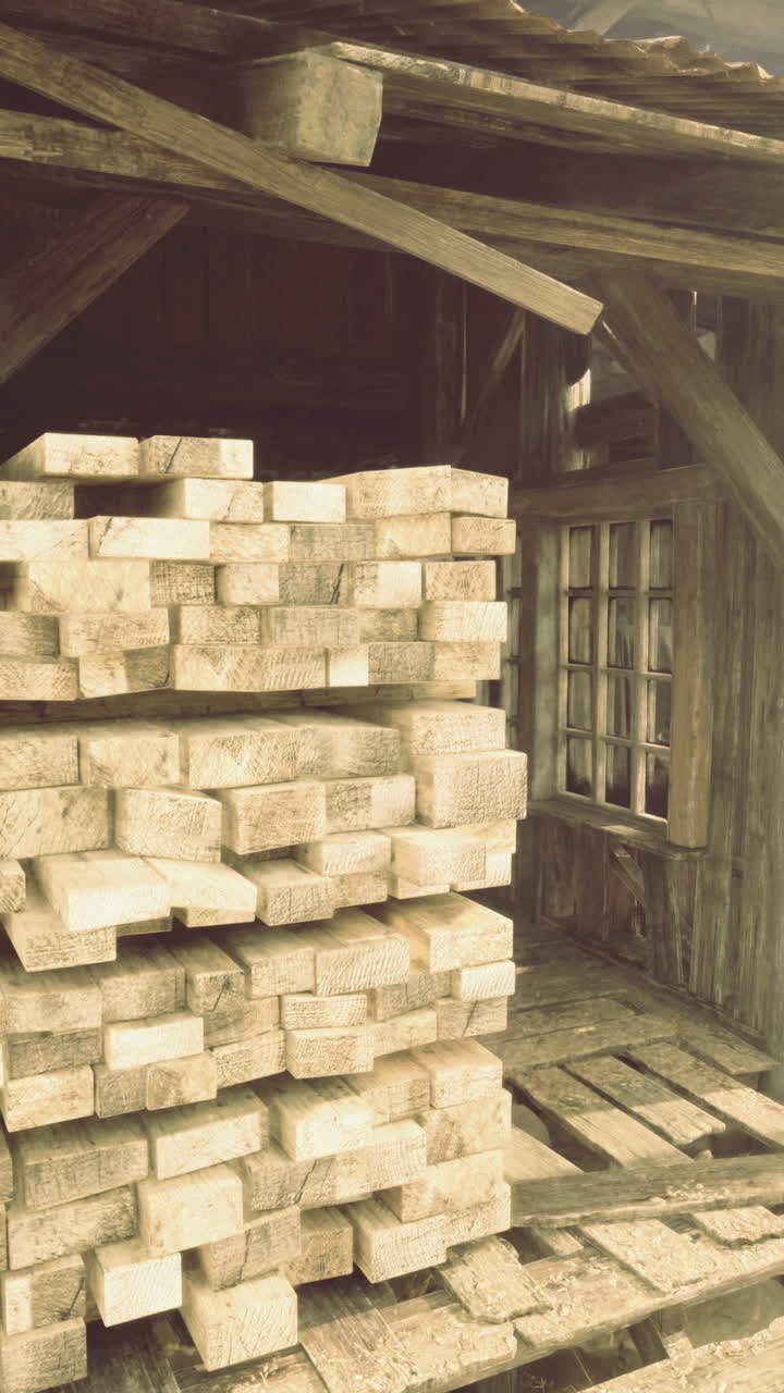 Struttura rustica in legno con legname impilato in un ambiente polveroso