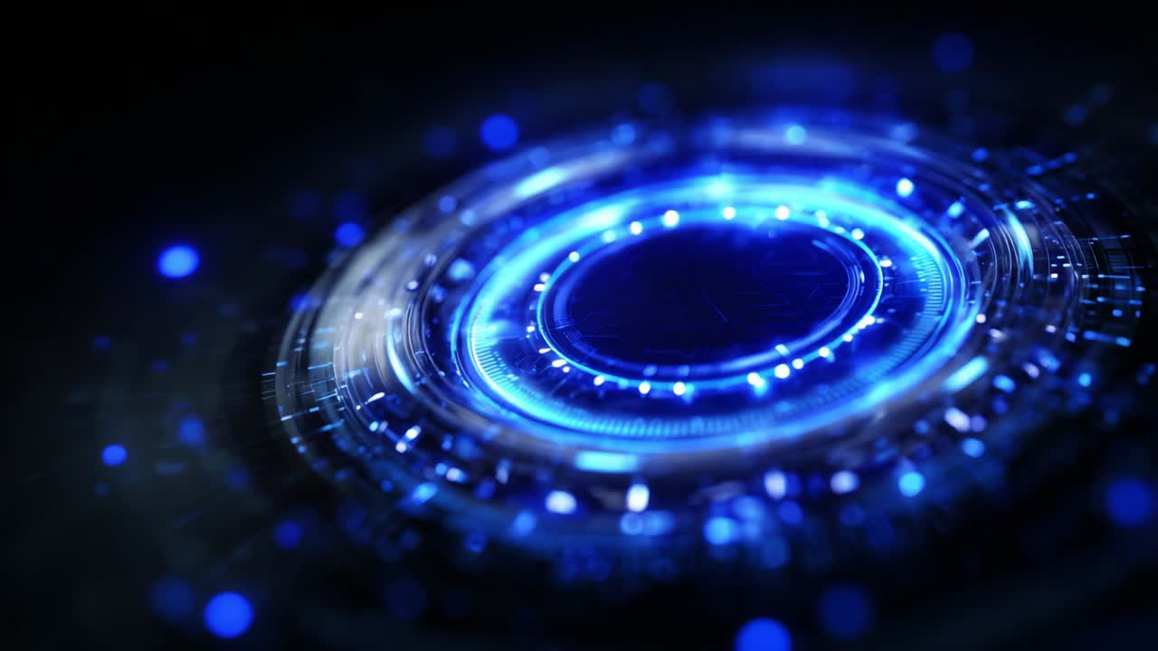 A captivating visual representation of futuristic technology, showcasing a mesmerizing illuminated circular pattern with glowing blue accents that evoke a sense of digital innovation and advanced design