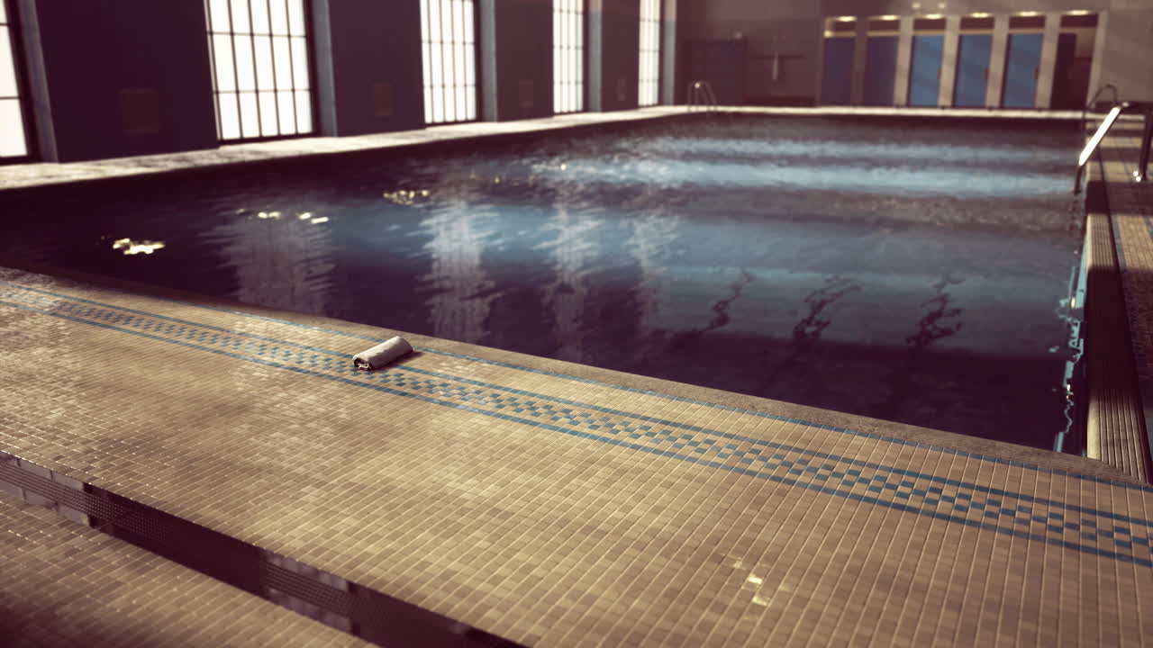 Indoor swimming pool with tiled edges and reflections on the water surface