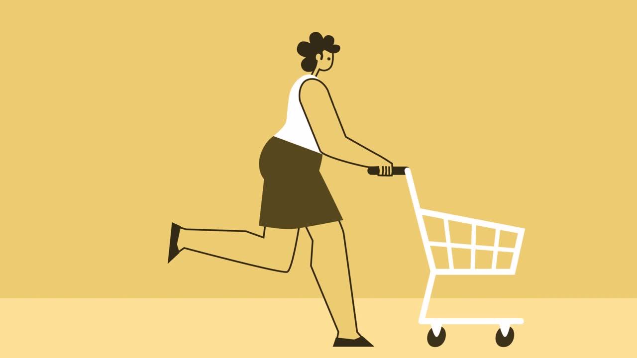 노란색 스타일 여성 평평한 캐릭터 쇼핑 카트와 함께 달리기. 알파 채널과 함께 고립된 루프 애니메이션