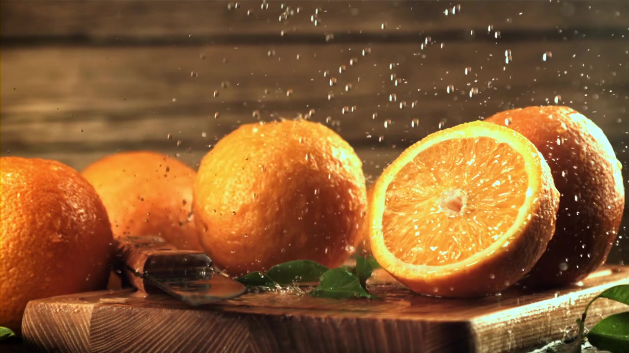 Arance fresche e gocce d'acqua che schizzano su un tagliere di legno al rallentatore