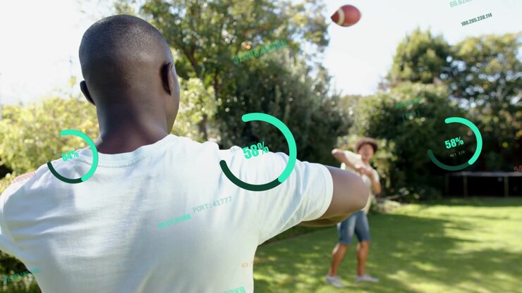 Lifting striped football, man in white tee winding arm, throwing across yard, playing catch, HUD