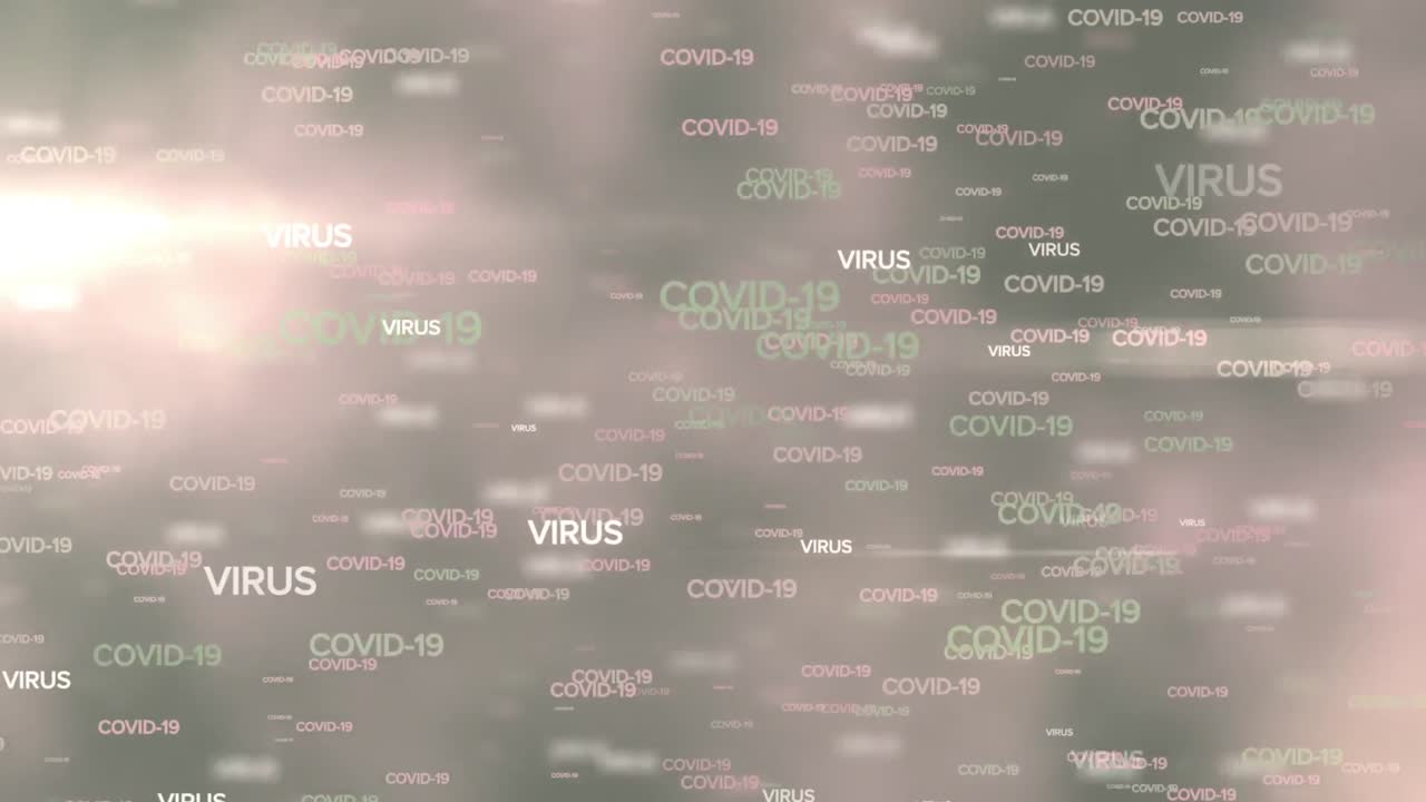 Animation of multiple words Virus and Covid-19 written over glowing grey background.