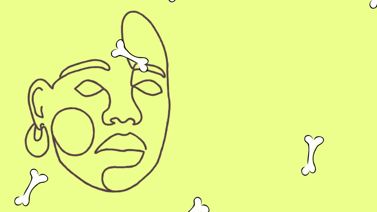animación de dibujo de línea negra de la cara con huesos que caen sobre fondo amarillo