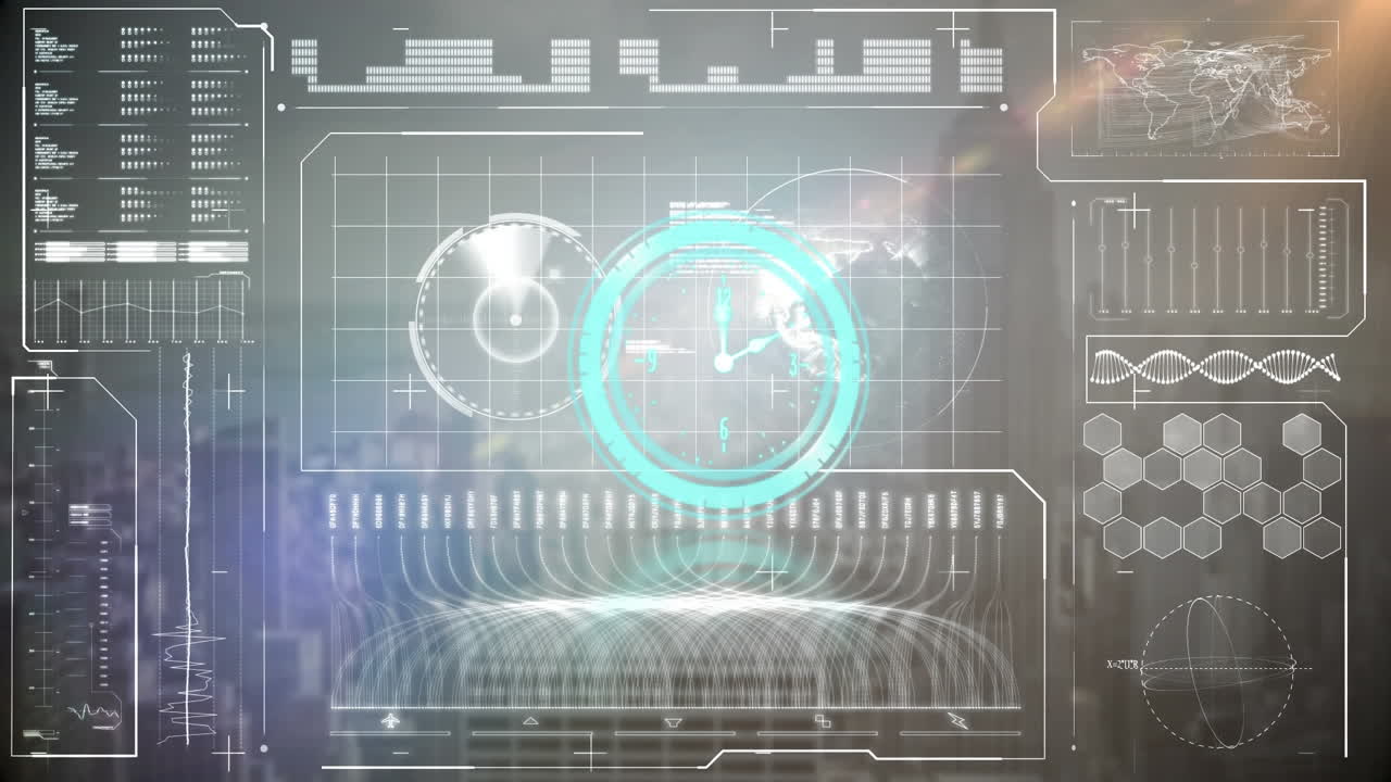 Neon blue digital clock ticking against digital interface with data processing on black background