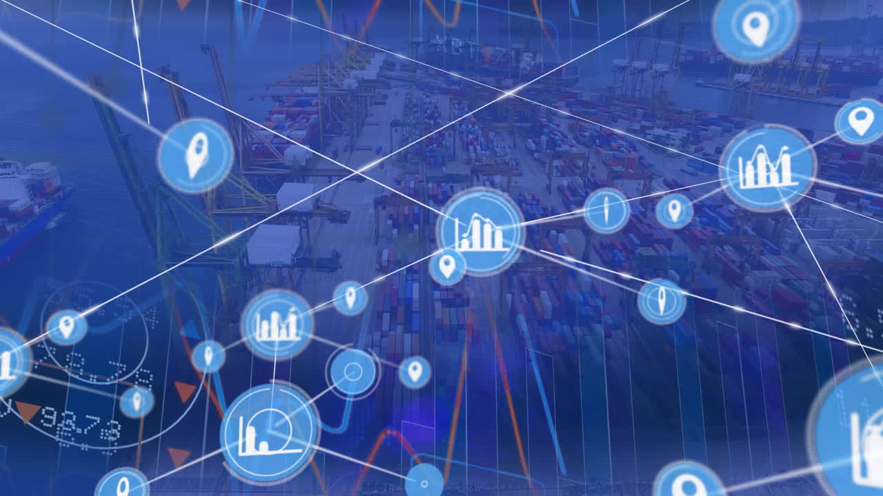 animación de la red de conexiones con iconos sobre las estadísticas y el puerto en segundo plano