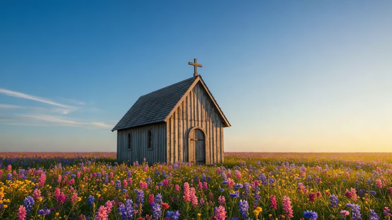 A Serene Wooden Chapel Amidst a Vibrant Flower Field at Sunset: A Tranquil Landscape Scene Capturing Nature's Beauty and Spiritual Essence