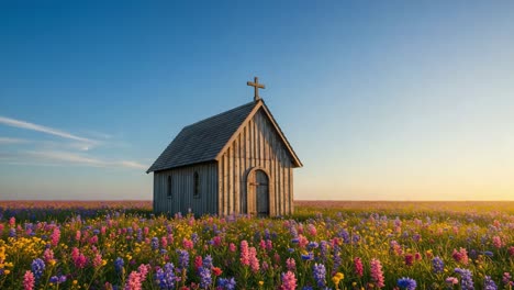 a serene wooden chapel amidst a vibrant flower field at sunset: a tranquil landscape scene capturing nature's beauty and spiritual essence