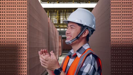 close up side view of asian male engineer with safety helmet smiling and clapping his hands while standing with red brick packed in stacks are stored