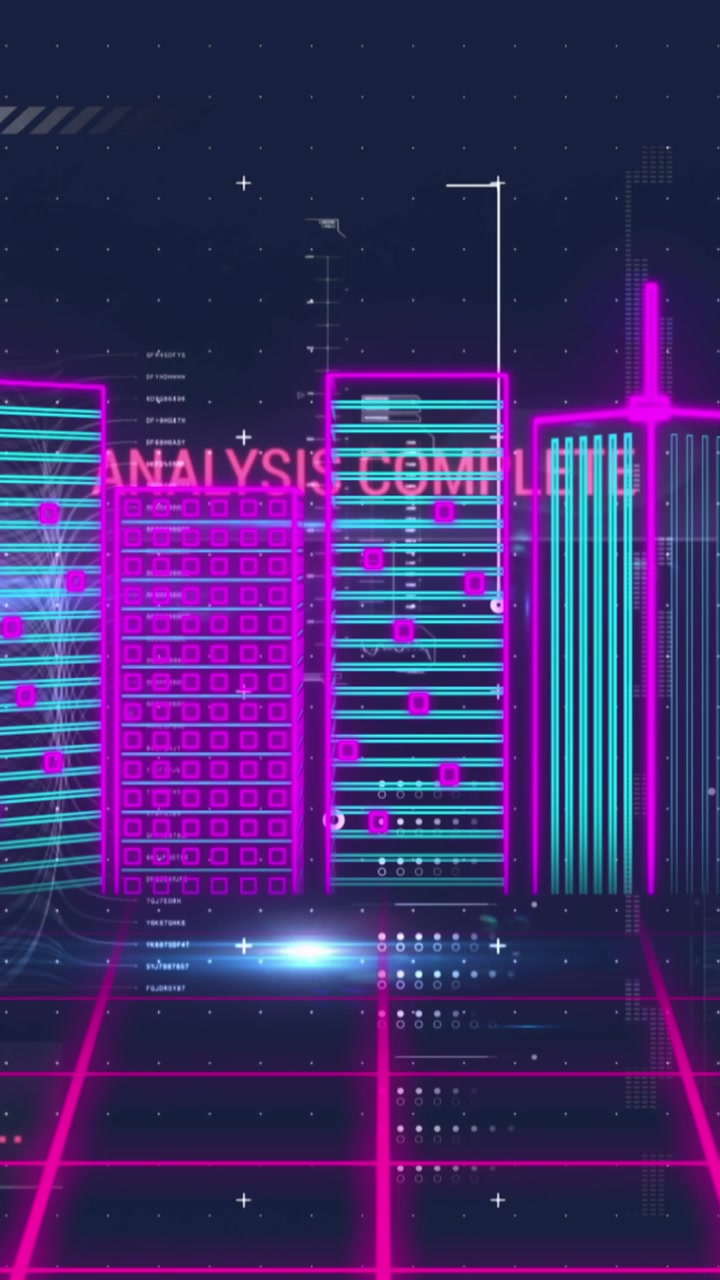 Animation of interface with data processing on grid network against 3d city model on blue background