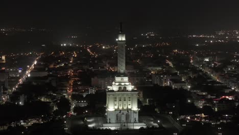 Aerial-View,-Monumento-A-Los-Heroes-De-La-Restauracion-At-Night,-Santiago-De-Los-Caballeros,-Dominican-Republic