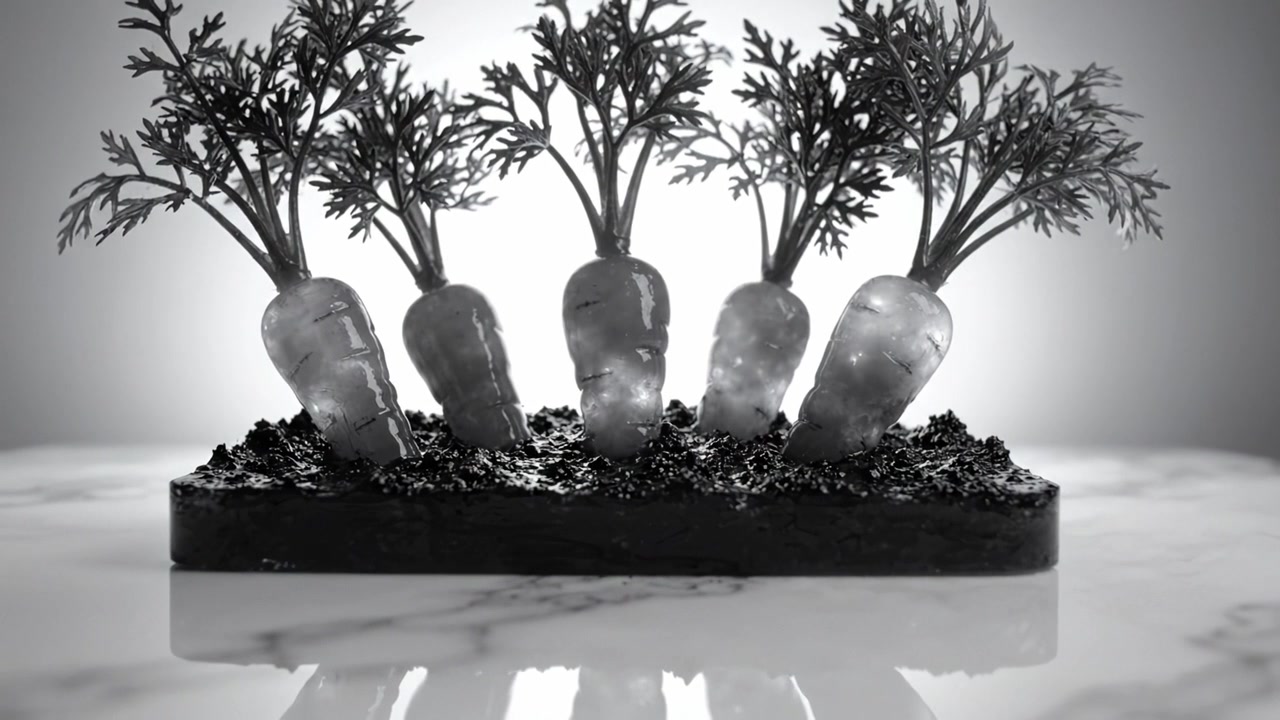 Esposizione Artistica di Carote di Ghiaccio con Terreno Nero e Fogliame Verde su Marmo, che Mostra una Presentazione Culinaria Creativa e un'Estetica Visiva Moderna.