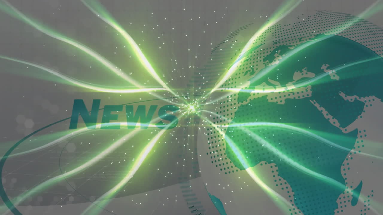 Grafica astratta di notizie animata in uno studio virtuale, che emette raggi luminosi attorno a un globo punteggiato