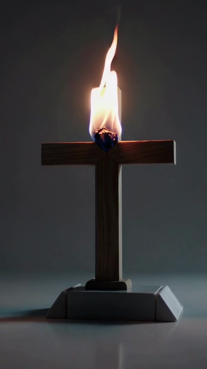 Vertical video: Igniting match-head on wooden cross, flame changing on reflective table in studio