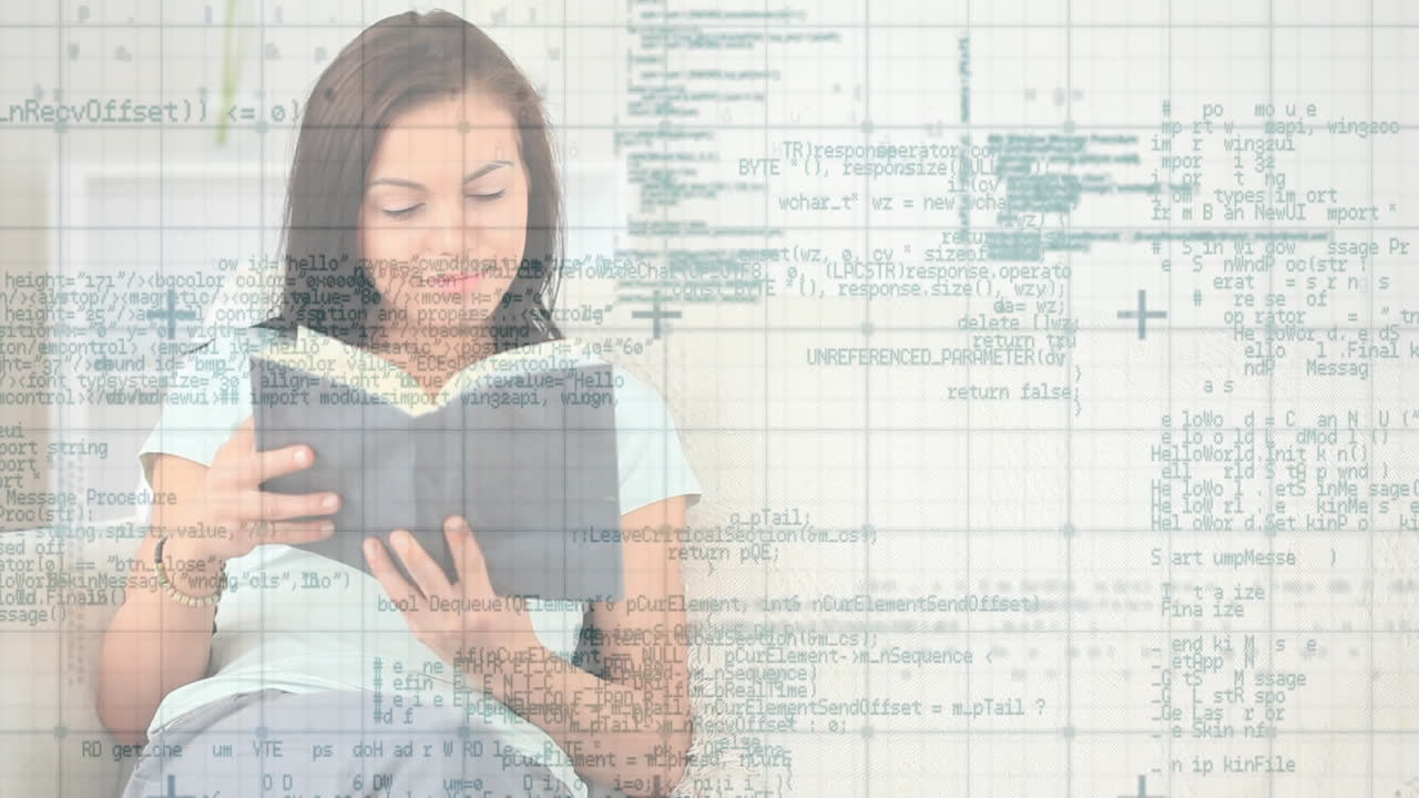 animación de procesamiento de datos sobre una estudiante que lee un libro aprendiendo desde casa