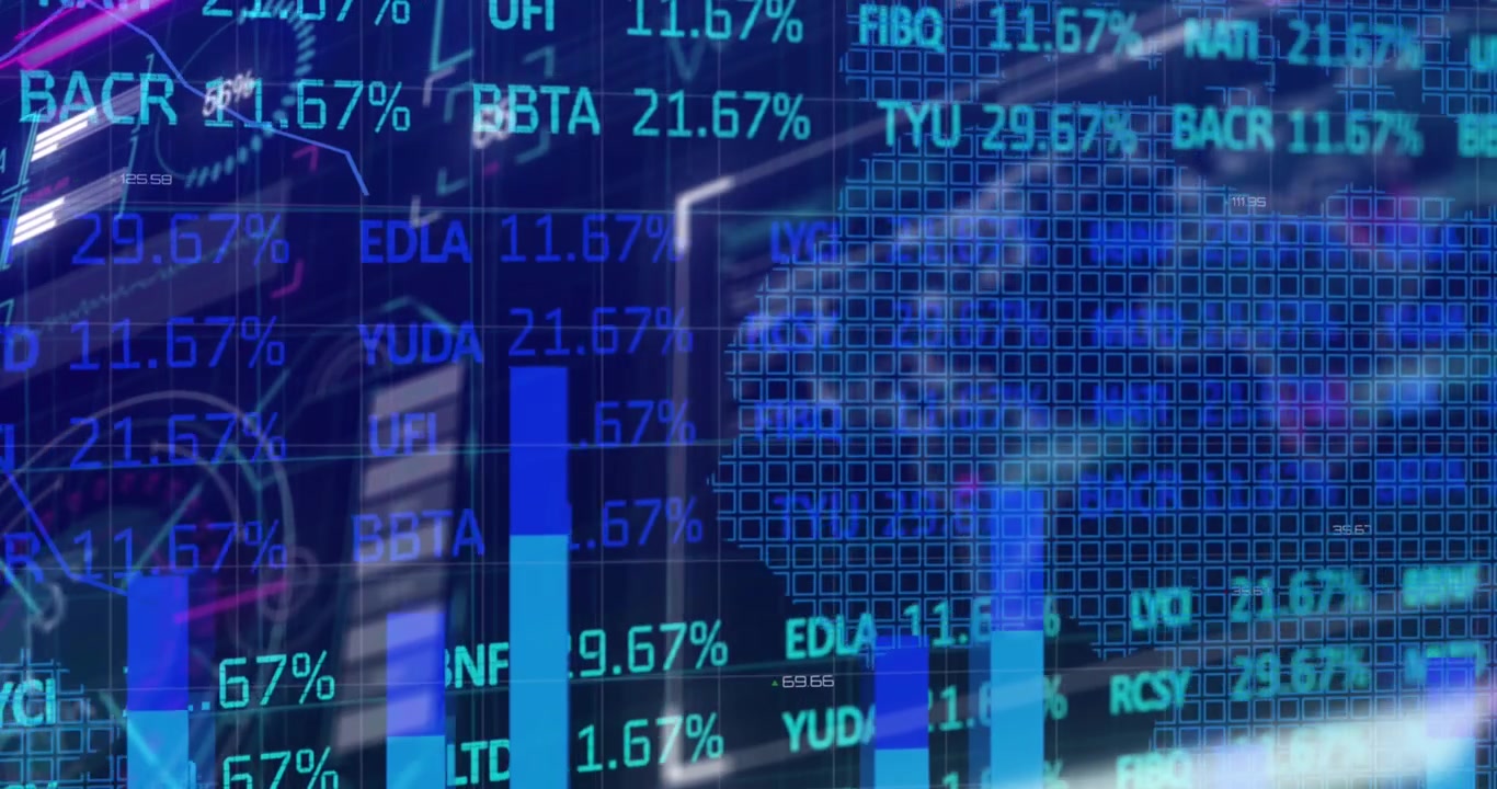 Visualizzazione digitale di dati finanziari del mercato azionario con mappa del mondo