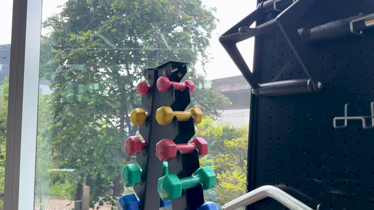 Camera pans around a gym equipment rack displaying ergonomic cable handles and colorful dumbbells near large windows with natural daylight and outdoor greenery