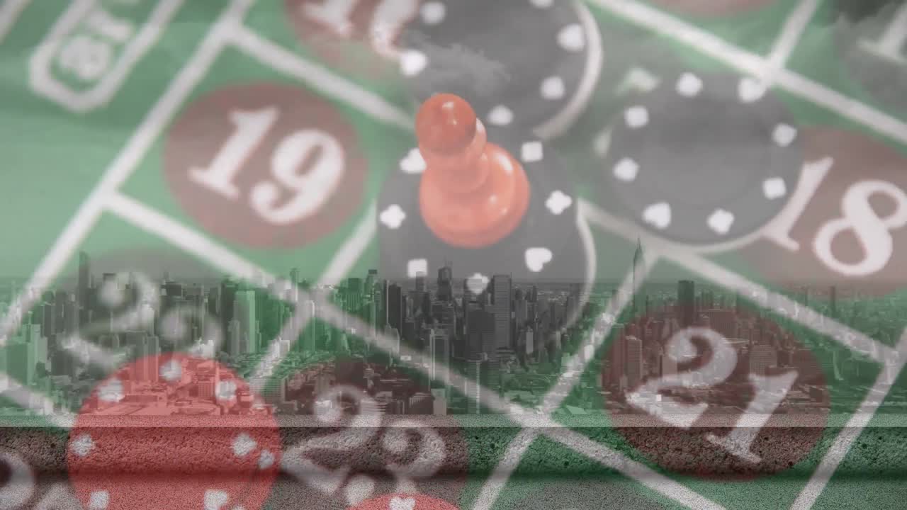 animación de fichas de juego a bordo sobre el paisaje urbano