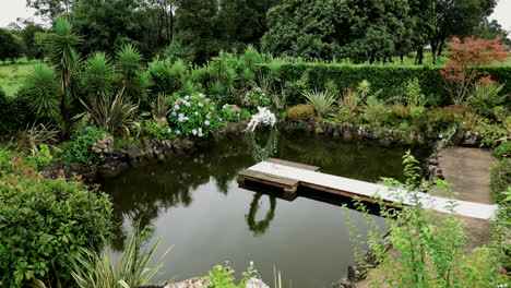 lush garden pond with wooden jetty - aerial view