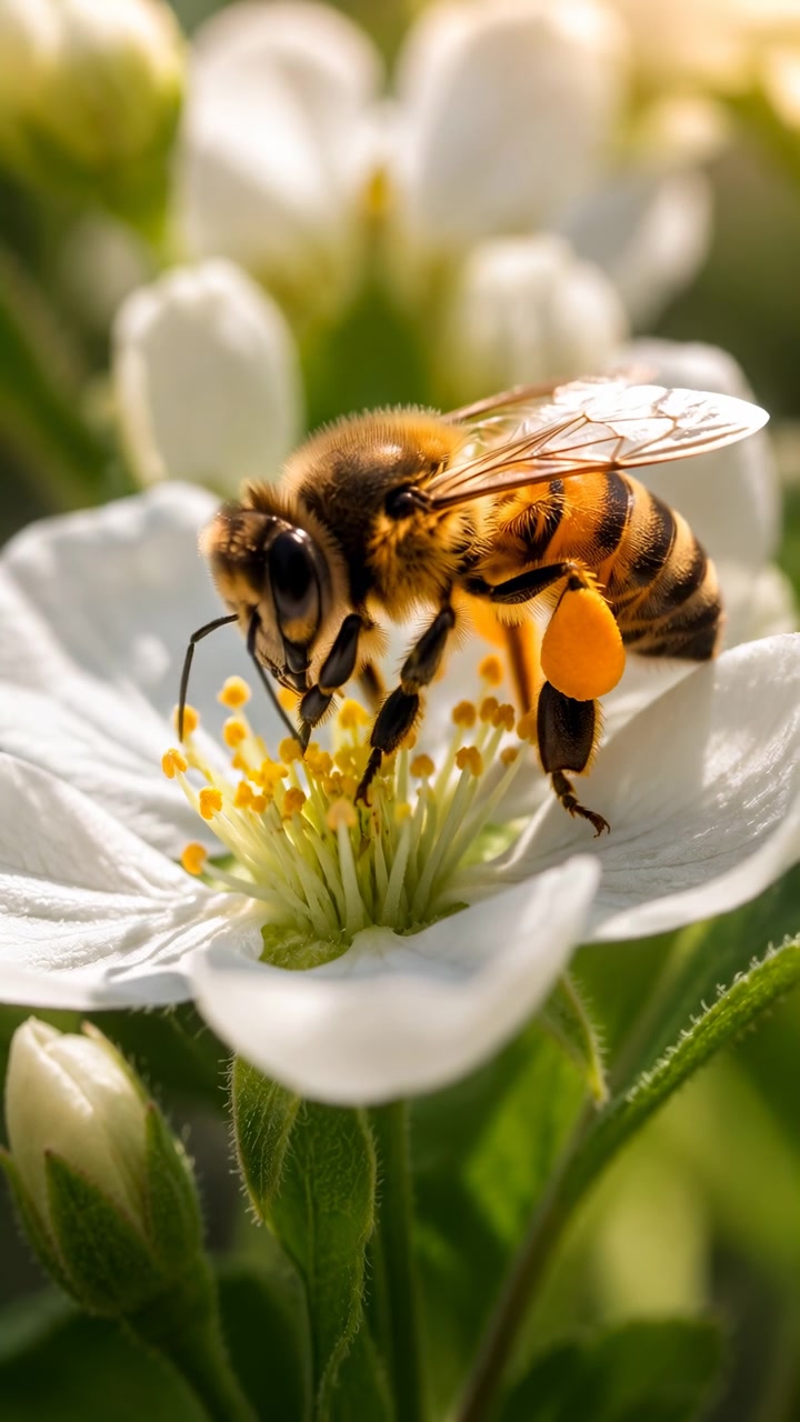 Close macro motion of single honeybee on white blossom, feeding on yellow stamens while collecting visible pollen, then taking off in warm sunlight with soft garden background and natural detail