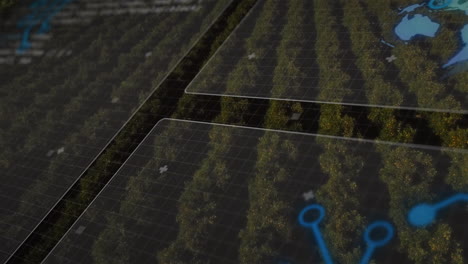 digital data overlay with blue marker on aerial view of agricultural fields