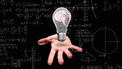 Animation-Mathematischer-Gleichungen-Gegen-Das-Gehirn-In-Einer-Glühbirne-über-Einer-Hohlen-Hand