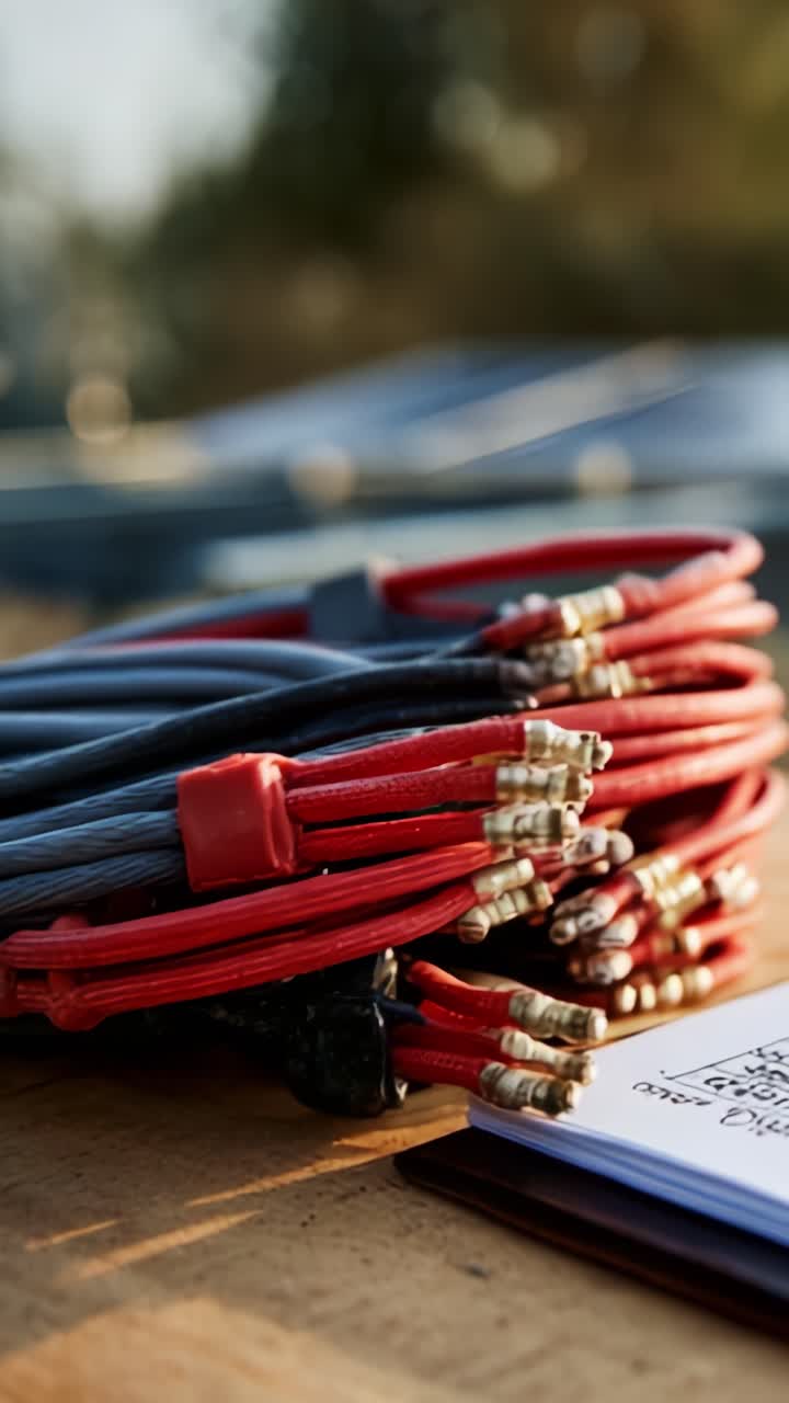 A Close-Up View of Electrical Wires with Red Connectors and a Notebook, Highlighting the Tools Essential for Electrical Repair and Maintenance Work