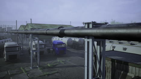 pipes and trucks at an industrial site on a foggy morning near a storage area