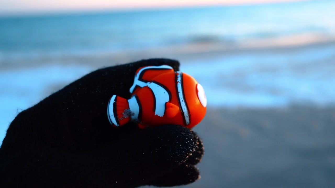 Mano guantata che tiene un piccolo giocattolo a forma di pesce arancione sulla spiaggia. Primo piano di una mano con un guanto nero che tiene un giocattolo di plastica a forma di pesce pagliaccio coperto di sabbia e brina.