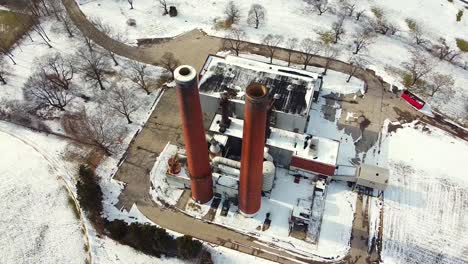 aerial view of abandoned industrial factory in winter