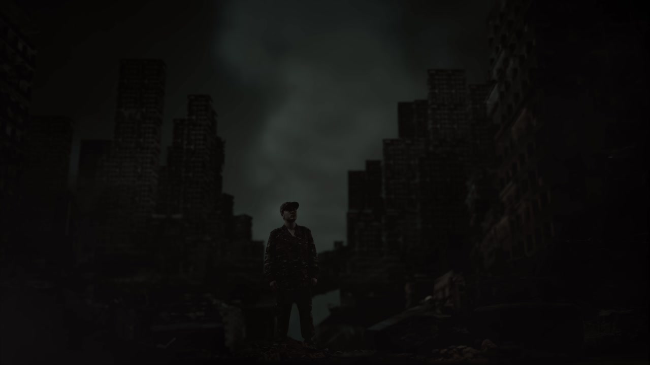 전쟁 후 폐허가 된 도시 한가운데에 서있는 동안 심각한 얼굴 표정으로 주위를 둘러보는 아시아 남성 군인의 몸으로 가득 차 있습니다.