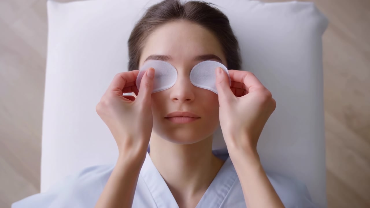 Uygulayıcının, tedavi masasında dinlenen genç bir kadının kapalı göz kapaklarına nazikçe beyaz hilal şeklinde göz pedleri yerleştirdiği, sakin ve profesyonel bir spa atmosferi yaratan, yukarıdan aşağıya bir sahne, kadın, yüz