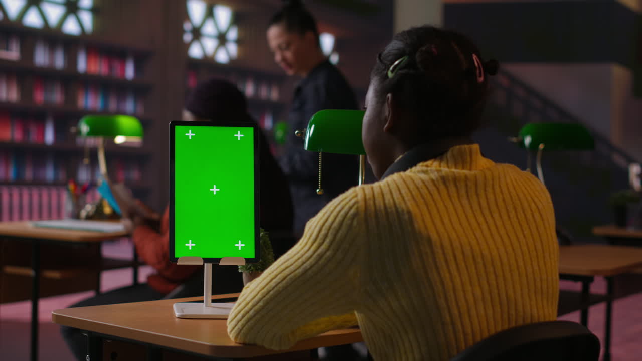 studenti che studiano in una biblioteca con un tablet a schermo verde