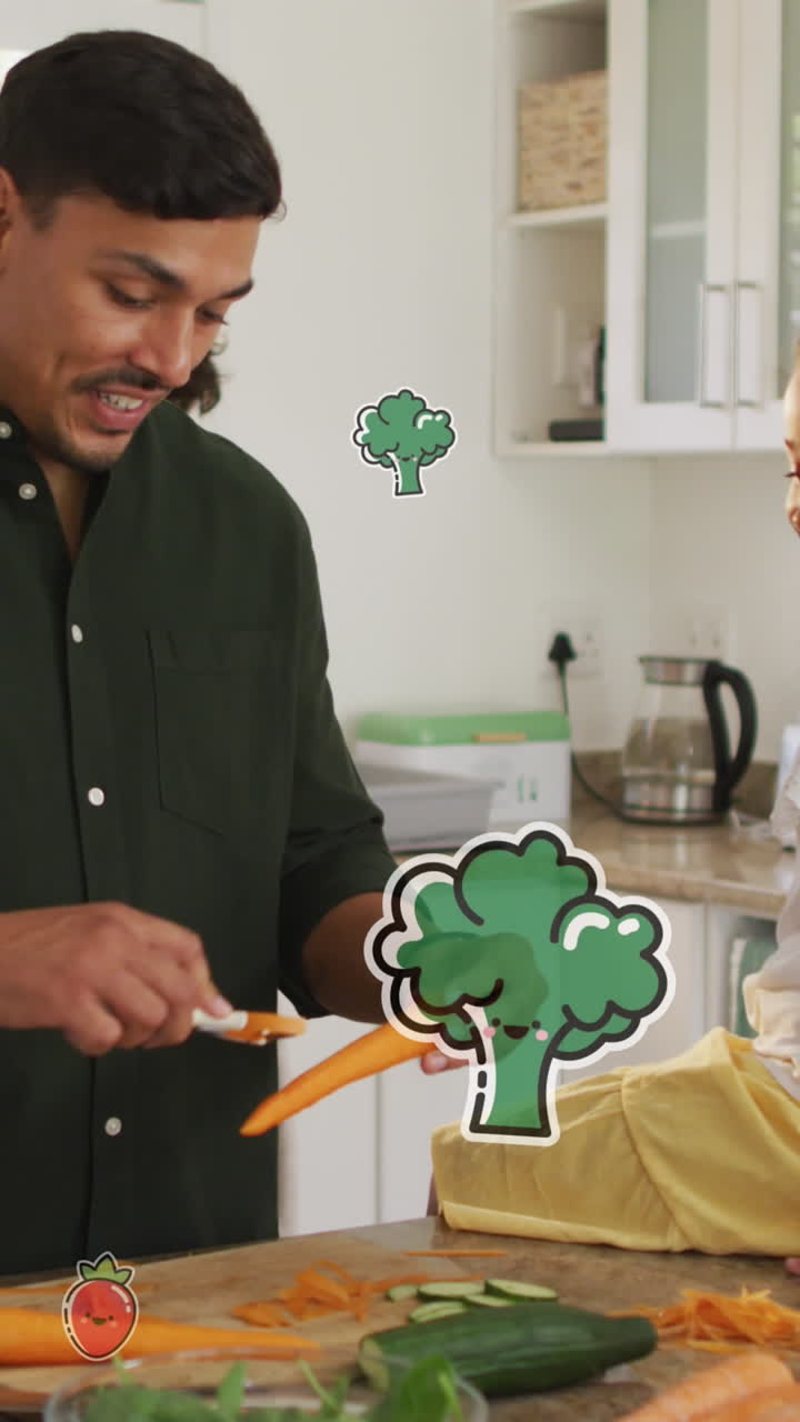 animación de iconos de comida sobre familia biracial en la cocina