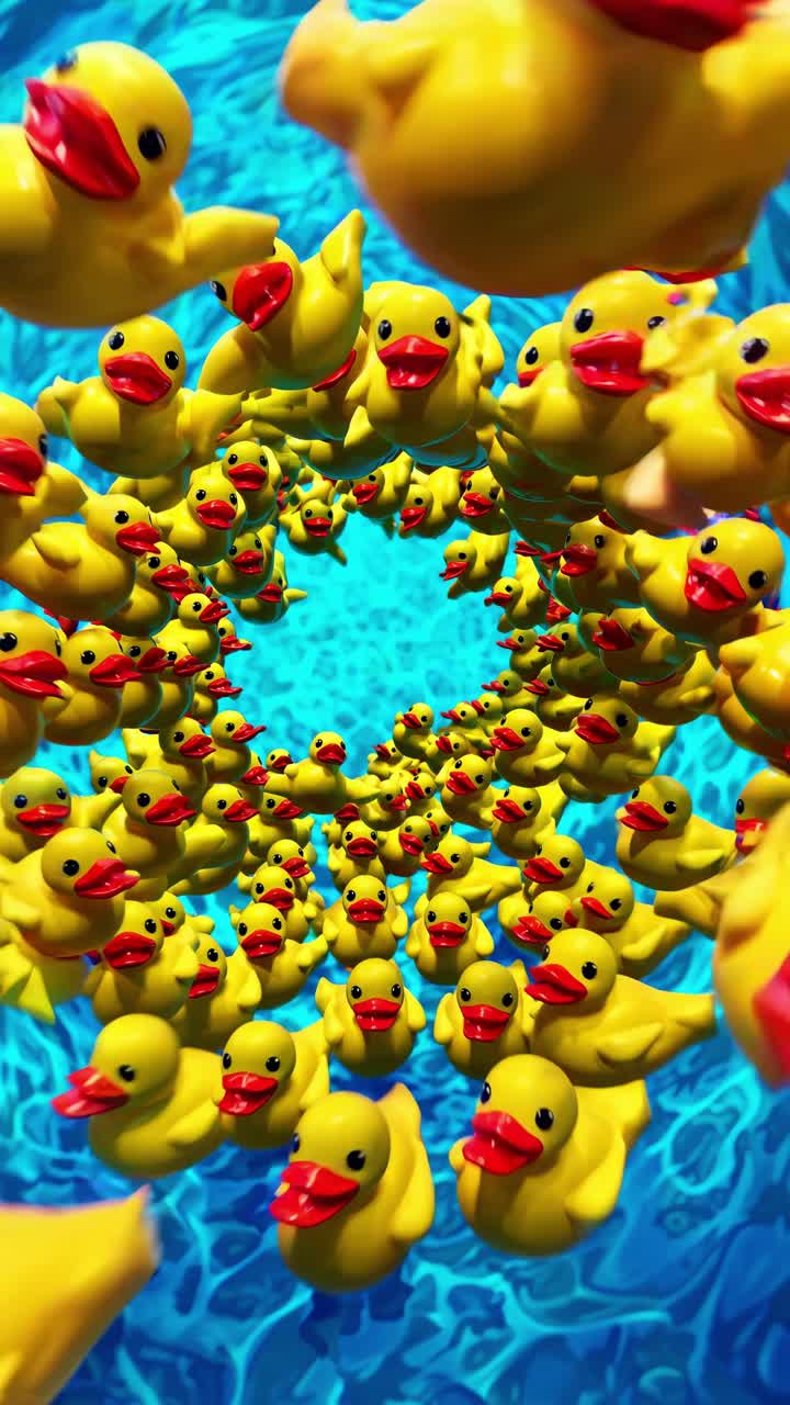 Vibrant yellow rubber ducks swirling in a mesmerizing blue water tunnel motion sequence