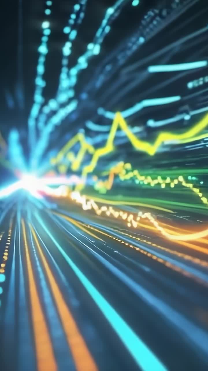 Vertical video: Racing neon-blue lines and waveforms through tunnel after playback start