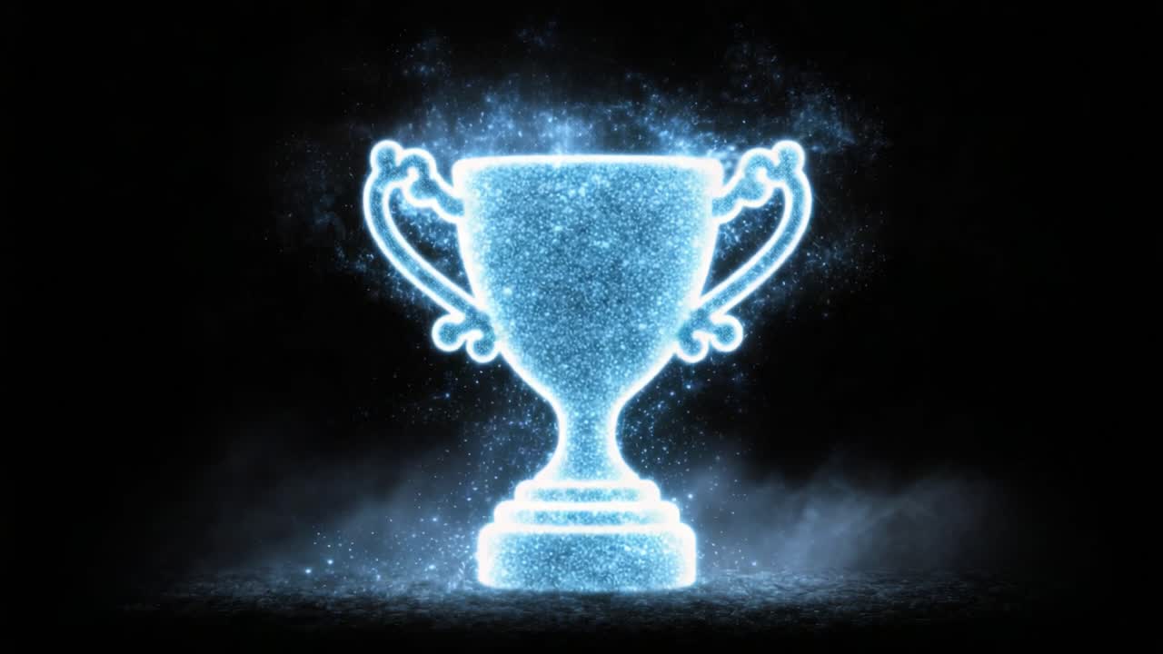 Un maestoso trofeo luminoso circondato da un'aura mistica di particelle scintillanti, che simboleggia successo, vittoria ed eccellenza in competizioni o celebrazioni