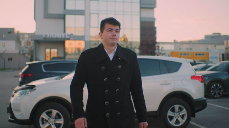 Man in black coat exits car holding briefcase in left hand, walking towards building with parked cars in background, a little red cloud in the sky, urban setting at dusk