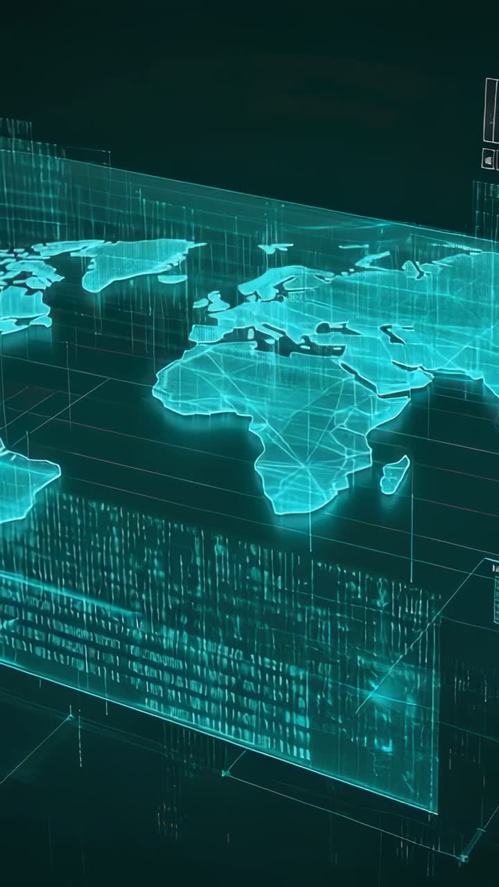 Vertical video: Materializing cyan map hologram pulsing in void driving code rain displaying HUD