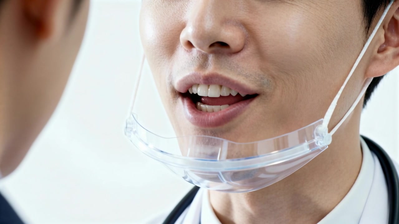 患者の質問に答え、透明なマスクを着用し、聴診器を首にかけた臨床医が診療室で話している。