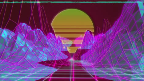 Animation-of-digital-landscape-and-sun-over-grid