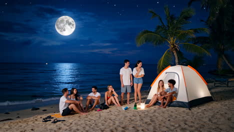 group of friends camping on a beach under a full moon at night