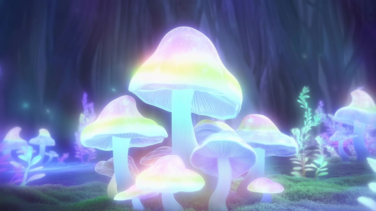 Funghi al neon luminosi in una foresta incantata, cappelli bioluminescenti scintillano con sfumature iridescenti dell'arcobaleno.