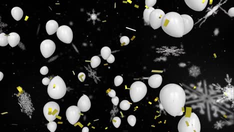 animation of confetti falling and white balloons flying on black background